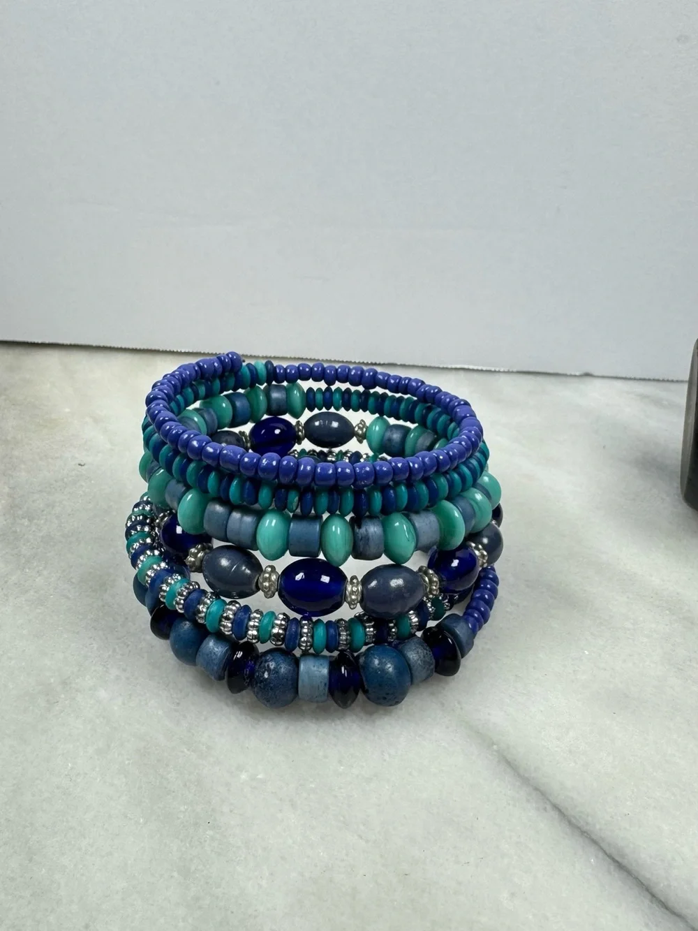 Ocean Hues Multi-Strand Beaded Bracelet Stack - Blue & Teal
